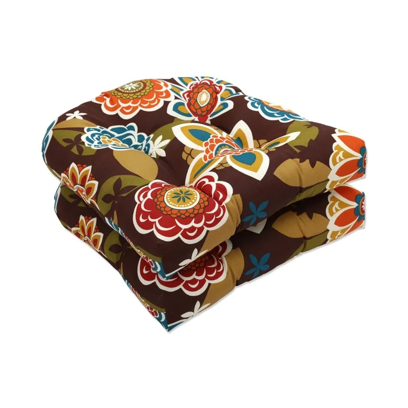 Pillow Perfect 500003 Outdoor Annie Wicker Seat Cushion in Chocolate - Set of 2 - Brown-Turquoise-Gold-Orange-Green
