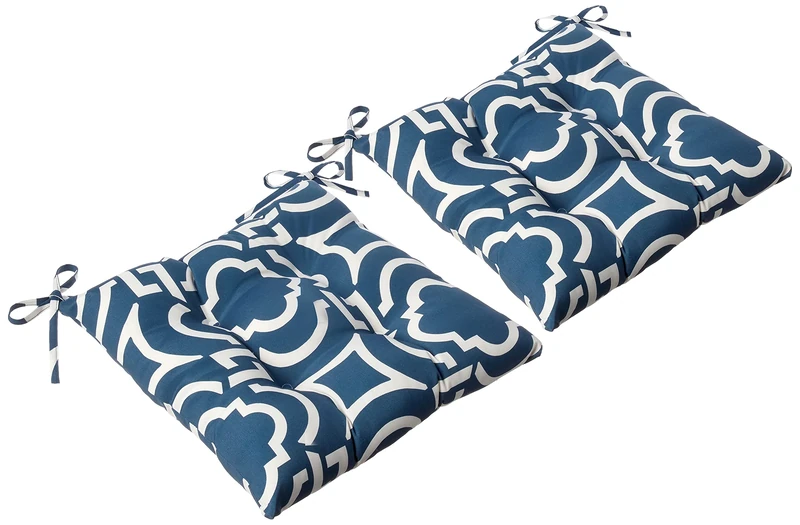 Pillow Perfect Trellis Indoor/Outdoor Chair Seat Cushion with Ties Tufted, Weather, and Fade Resistant, 18.5" x 19", Blue Carmody Navy 2 Count