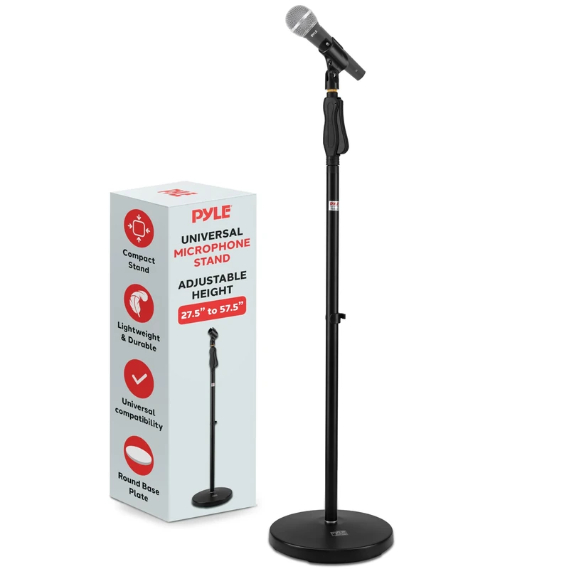 Pyle Mic Stand Microphone Holder – Adjustable Round Base Floor Stand with Hight Adjustment Handle & 5/8" Adapter for Studio, Stage, Rehearsals, Presentations & Recording Use
