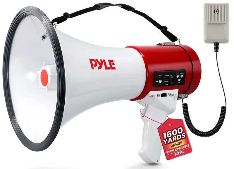 Pyle Rechargeable Megaphone Speaker with Siren, Bullhorn 50W with Loud Speaker, For Music, Whistle and Record Cheer Megaphones, For Soccer Coach and Football Game Day Essentials, Red and White