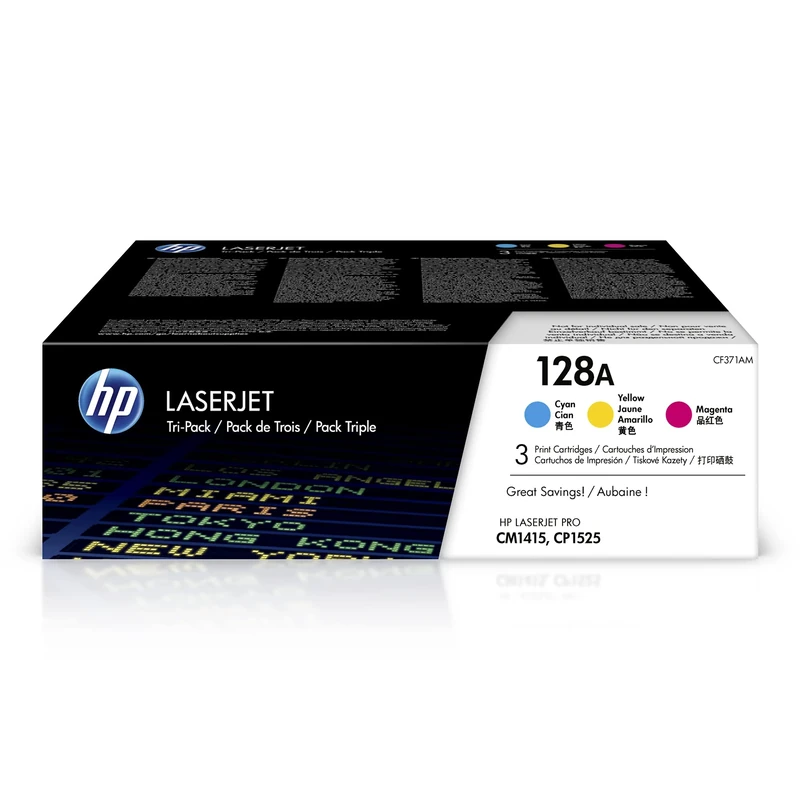 HP CF371AM 128A Original LaserJet Toner Cartridges, Cyan/Magenta/Yellow, Multipack, Cyan, Magenta and Yellow