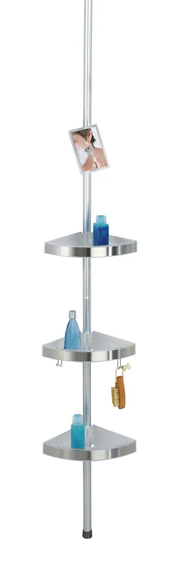 Wenko 20349100 Telescopic Shower Corner Element Premium 3 Shelves, 2 Hooks and Mirror, Metal Aluminium, 27.5 x 70260 x 20 cm, Satinised