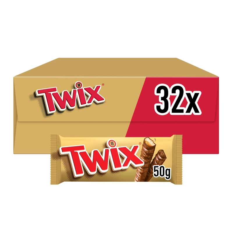Twix Chocolate Bars, Caramel & Milk Chocolate Biscuits, 32 x 50g Bulk Box, Ideal for Hampers, Perfect for Gifts and Snacks