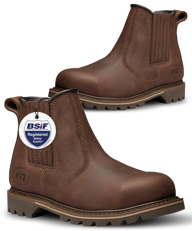 V12 Rawhide Chelsea Boots for Men - Steel Toe Cap Boots with Heat-Resistant Sole & Pierce-Resistant Midsole - Brown, Size UK 6