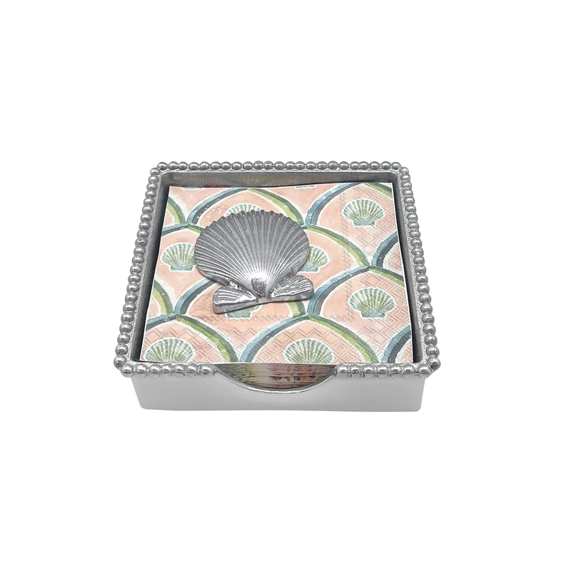 MARIPOSA 2741-C Scallop Shell Beaded Napkin Box Set Handcrafted, Aluminum, Silver - Image 1