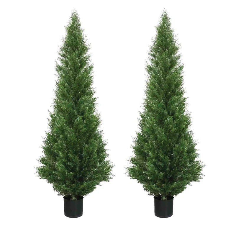 Two 4 Foot Artificial Topiary Cedar Trees Potted Indoor Outdoor Plants