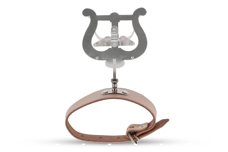 GEWA Marching Music Holder Flute - Nickel Plated - Large Lyra - 2 Pushers - One-Hand Operation - With Leather Strap