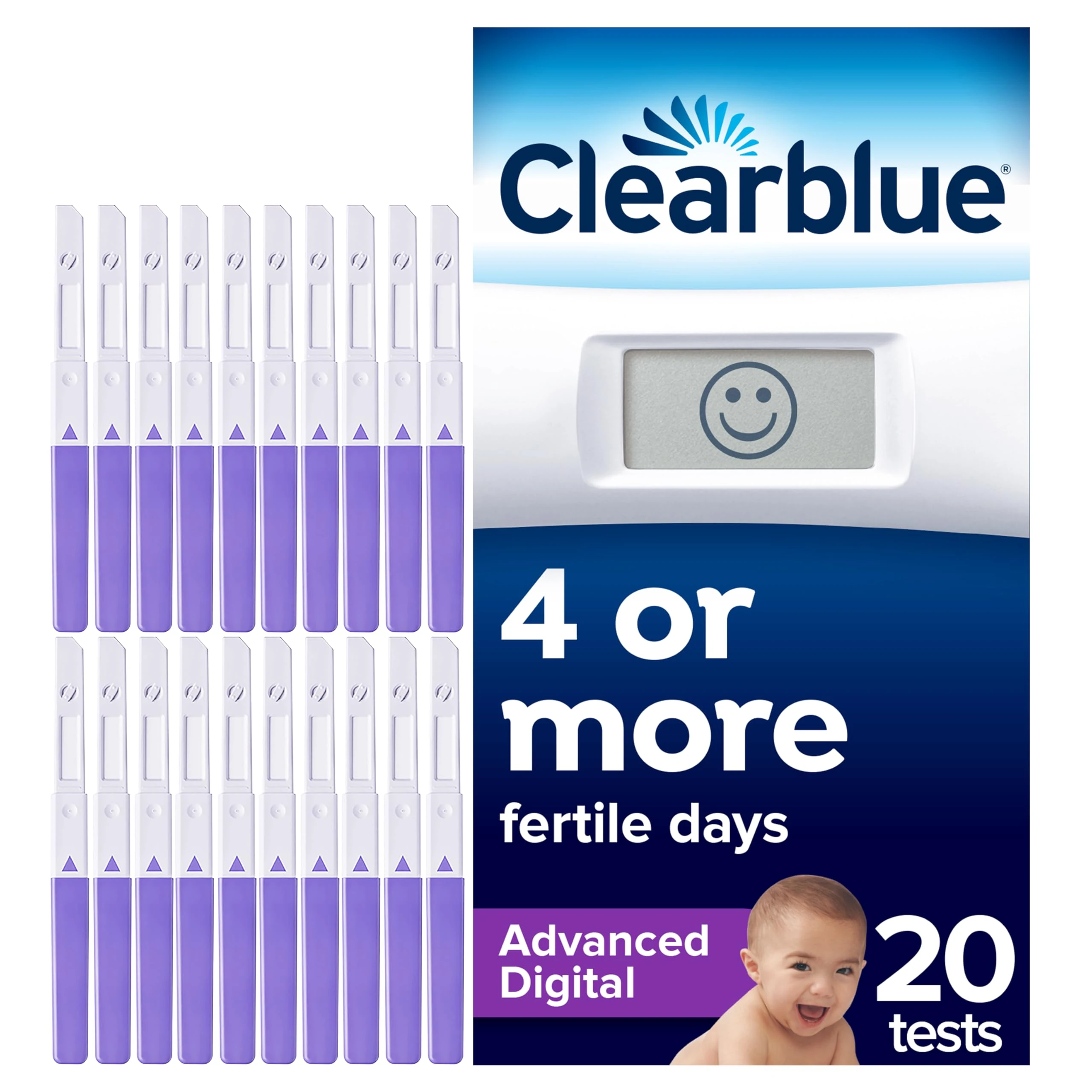 Clearblue Advanced Digital Ovulation Test Kit (OPK) Double Your Chances Of Getting Pregnant, 1 Digital Holder And 20 Ovulation Tests, Try The FREE Clearblue Period & Cycle Tracker App