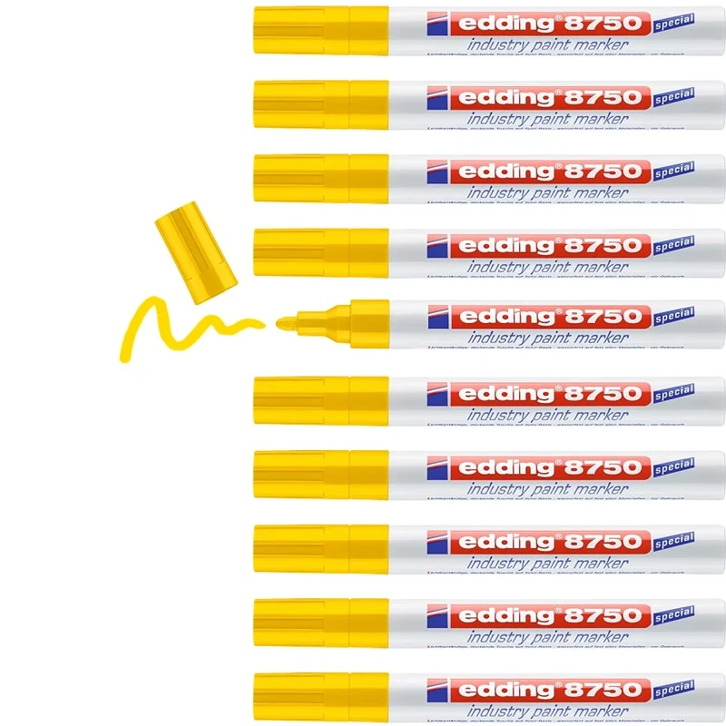 edding 8750 industry paint marker - yellow - 10 pens - round nib 2-4 mm - paint marker for writing on dusty, slightly oily surfaces, tyres, metal, glass and wood - permanent, waterproof