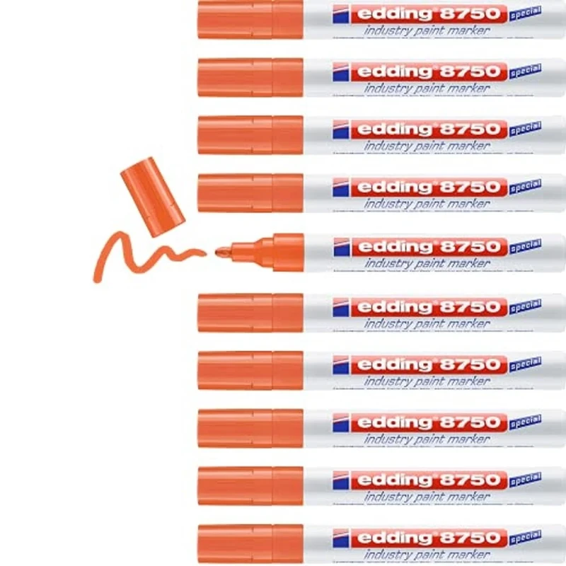 edding 8750 industry paint marker - orange - 10 pens - round nib 2-4 mm - paint marker for writing on dusty, slightly oily surfaces, tyres, metal, glass and wood - permanent, waterproof
