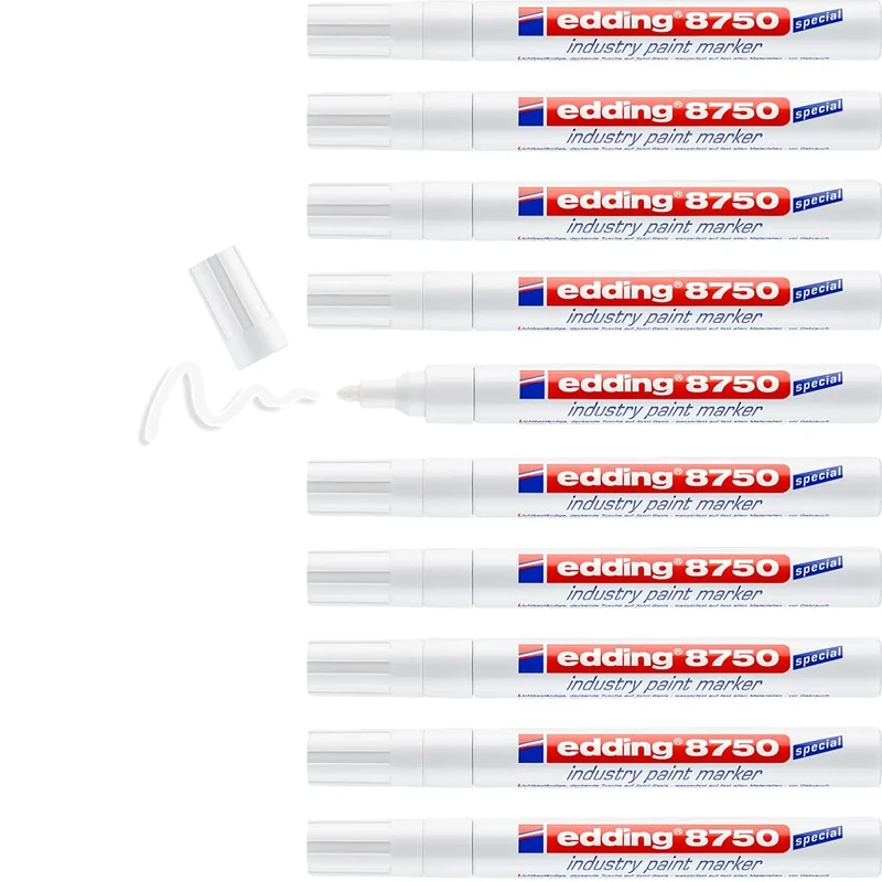 edding 8750 industry paint marker - white - 10 pens - round nib 2-4 mm - paint marker for writing on dusty, slightly oily surfaces, tyres, metal, glass and wood - permanent, waterproof