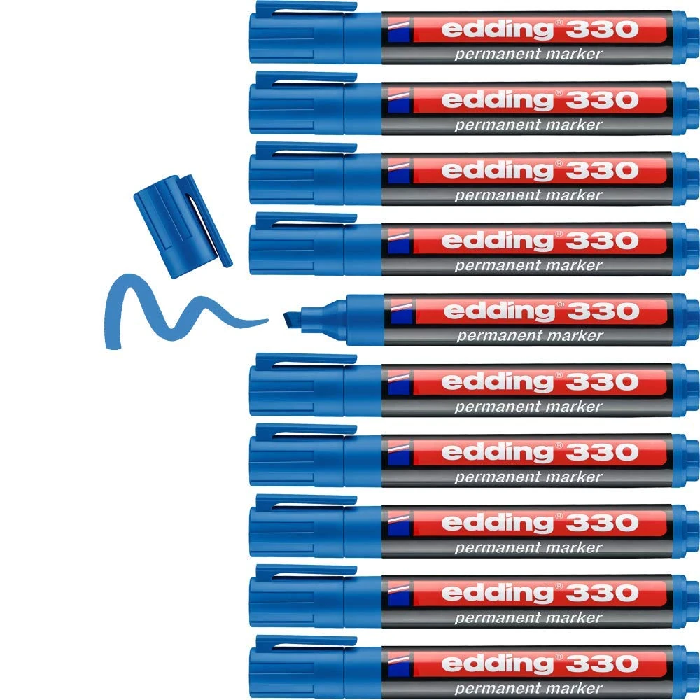 edding 330 permanent marker - light-blue - 10 pens - chisel tip 1-5 mm - waterproof, quick-drying, smear-proof pens - for cardboard, plastic, glass, wood, metal and fabric
