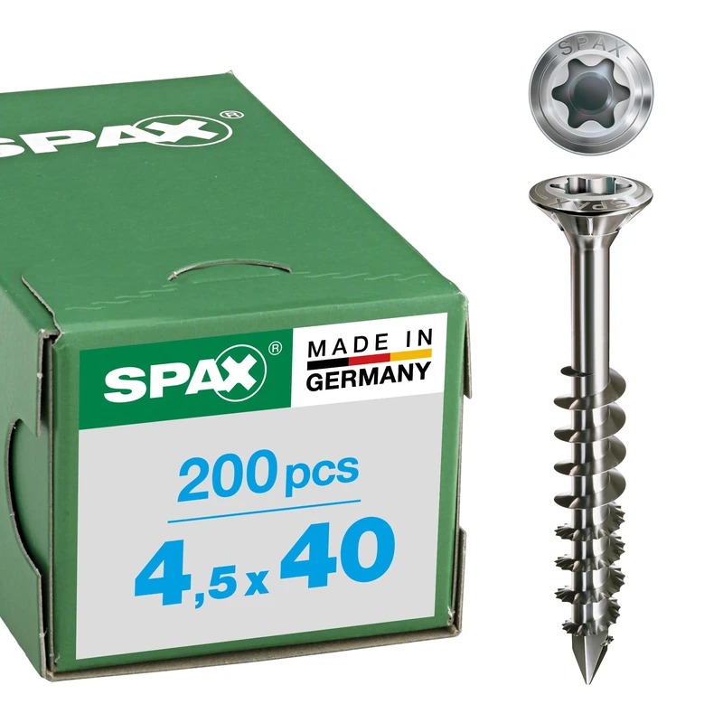 SPAX Facade screw, 4,5 x 40 mm, 200 pieces, partial thread, raised countersunk head, T-STAR plus T20, CUT point, stainless steel A2-25170004504021