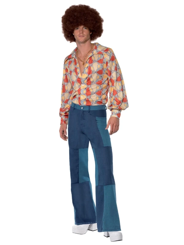 Smiffys 70s Retro Costume, Blue with Shirt & Patchwork Denim Trousers, 1970's Disco Fancy Dress, 1970s Dress Up Costumes Halloween, World Book Day