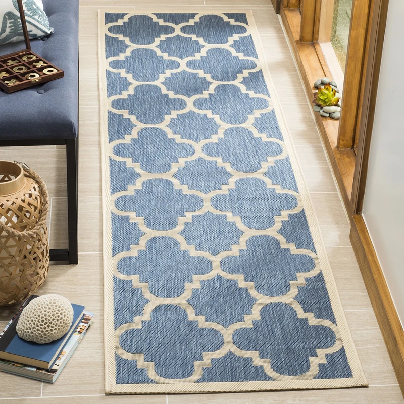 SAFAVIEH Trellis Rug for Indoor & Outdoor - Courtyard Collection, Short Pile, in Blue and Beige color, 69 X 244 cm