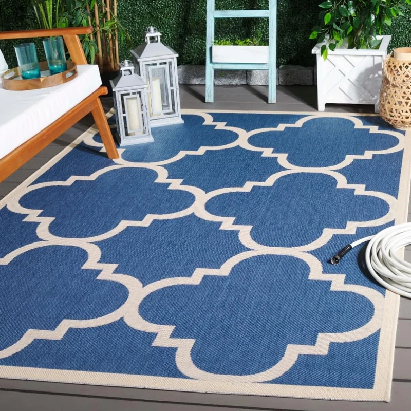 Safavieh Trellis Indoor/Outdoor Woven Rectangle Area Rug, Courtyard Collection, CY6243, in Blue / Beige, 160 X 231 cm for Garden, Patio or Any Outdoor Space