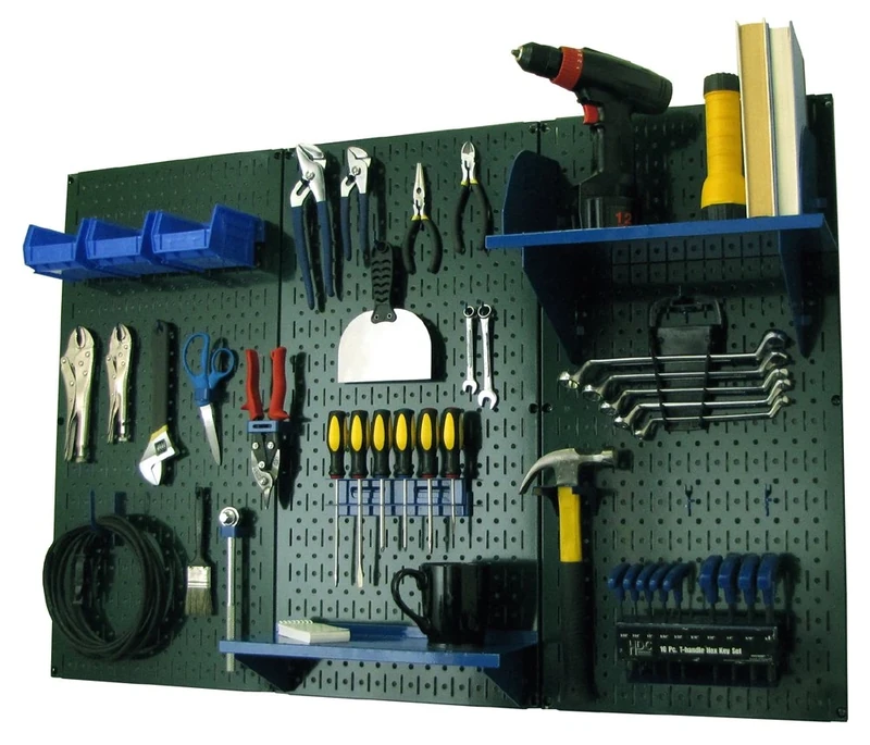Wall Control Pegboard Organizer 4 ft. Metal Pegboard Standard Tool Storage Kit with Green Toolboard and Blue Accessories