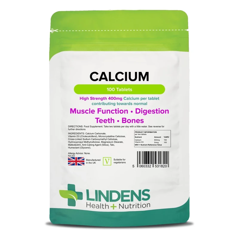 Lindens Calcium 400mg + Vitamin D3 - 100 Tablets, UK Made