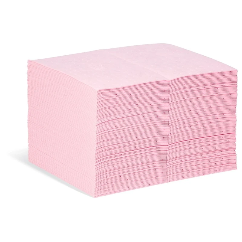 New Pig PIG Absorbent Mat Pads – Pink, Chemical – Absorbs Aggressive Acids, Caustics, Unknown & Hazardous Liquids, Pack of 100, 83.6 L Capacity, Protects Work Areas from Dangerous Chemical Spills