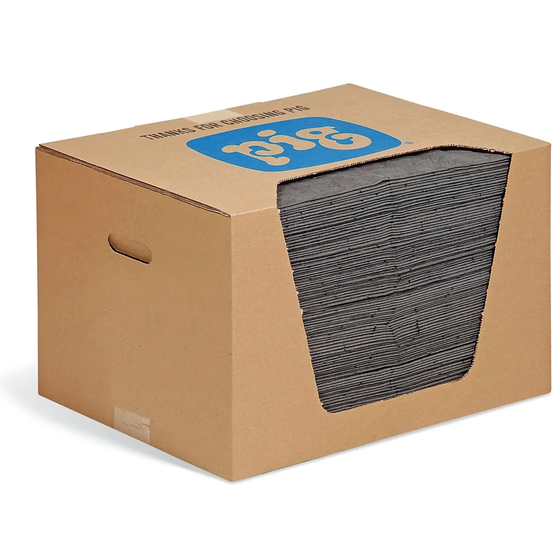 New Pig PIG Absorbent Mat Pads – Universal – Absorbs Oils, Coolants, Solvents & Water, Pack of 100, 83.6 L Capacity, Keeps Floors Clean & Safe in Industrial Workspaces