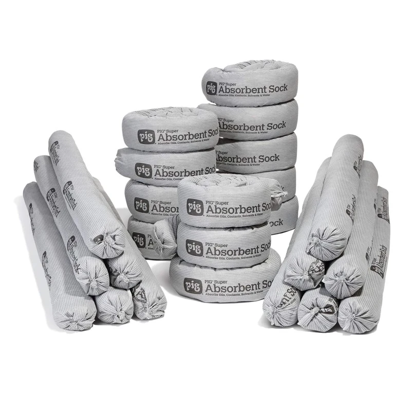 New Pig PIG Super Absorbent Socks – Industrial Spill Control, 91.2 L, Pack of 24, Extra-Absorbent Construction, Absorbs Oils, Coolants, Solvents & Water