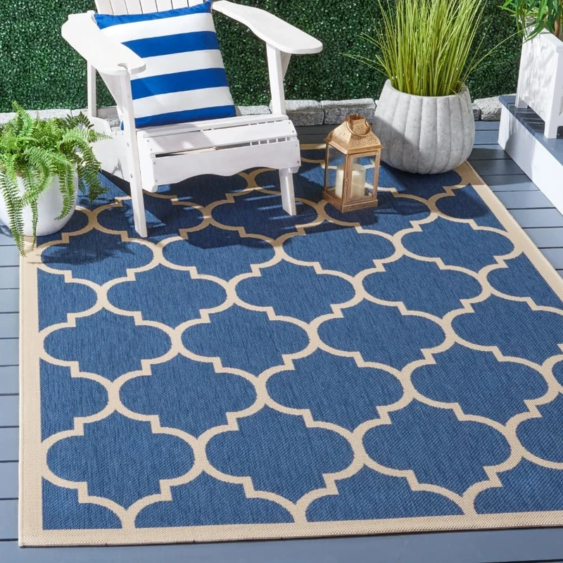 Safavieh Trellis Indoor/Outdoor Woven Rectangle Area Rug, Courtyard Collection, CY6914, in Blue / Beige, 122 X 170 cm for Garden, Patio or Any Outdoor Space