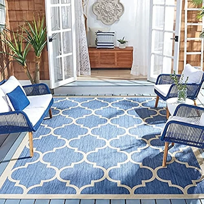 Safavieh Trellis Indoor/Outdoor Woven Rectangle Area Rug, Courtyard Collection, CY6914, in Blue / Beige, 201 X 290 cm for Garden, Patio or Any Outdoor Space