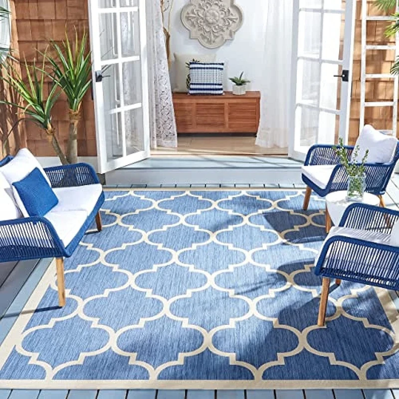 Safavieh Trellis Indoor/Outdoor Woven Rectangle Area Rug, Courtyard Collection, CY6914, in Blue / Beige, 160 X 231 cm for Garden, Patio or Any Outdoor Space