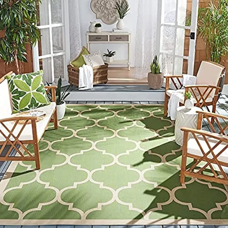 SAFAVIEH Trellis Rug for Indoor & Outdoor - Courtyard Collection, Short Pile, in Green and Beige color, 201 X 290 cm