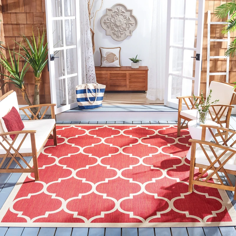 Safavieh Trellis Indoor/Outdoor Woven Rectangle Area Rug, Courtyard Collection, CY6914, in Red / Bone, 160 X 231 cm for Garden, Patio or Any Outdoor Space