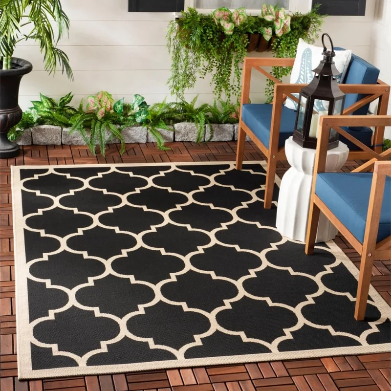Safavieh Trellis Indoor/Outdoor Woven Rectangle Area Rug, Courtyard Collection, CY6914, in Black / Beige, 160 X 231 cm for Garden, Patio or Any Outdoor Space