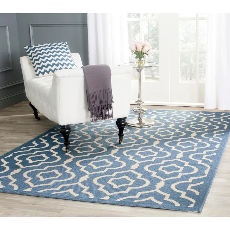 Safavieh Trellis Indoor/Outdoor Woven Rectangle Area Rug, Courtyard Collection, CY6926, in Blue / Beige, 122 X 170 cm for Garden, Patio or Any Outdoor Space