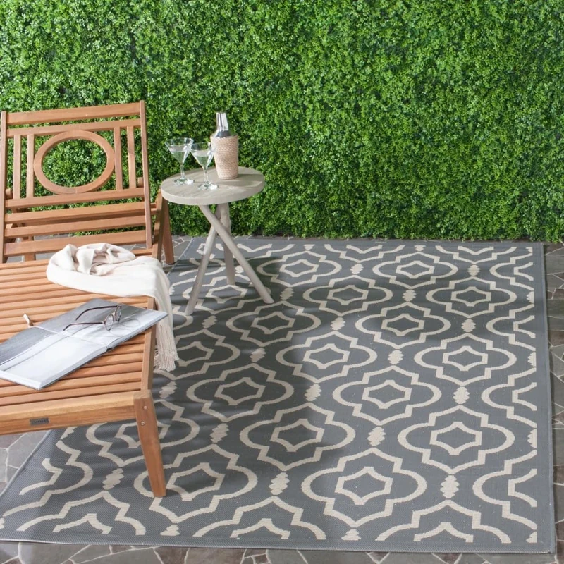 SAFAVIEH Trellis Rug for Indoor & Outdoor - Courtyard Collection, Short Pile, in Anthracite and Beige color, 160 X 231 cm