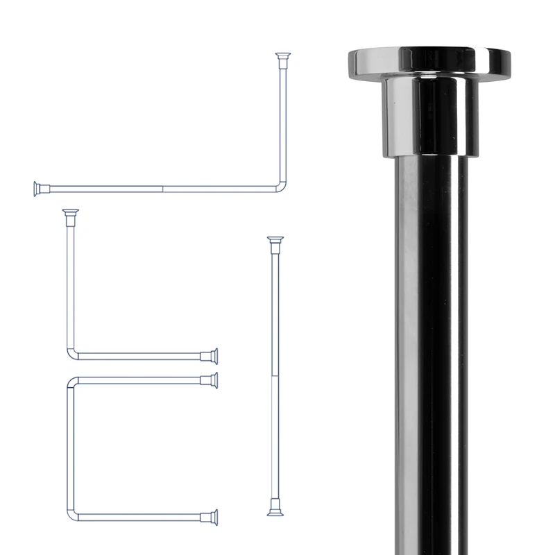 Croydex Superline Stainless Steel Modular Shower Rod Kit with Ceiling Support and Curtain Rings Can Be Fitted L-Shaped, Large L-Shaped, U-Shaped or Straight