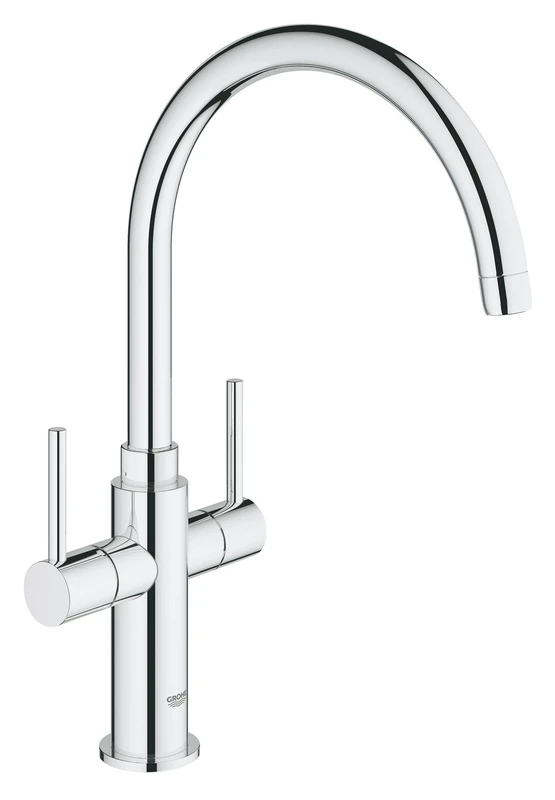 GROHE Ambi Cosmopolitan QuickFix - Two-Handle Kitchen Sink Mixer Tap (High C-Spout, 0°/150°/360° Adjustable Swivel Area, 1/2 Inch Tails, Minimum Pressure 0.4 Bar), Size 382 mm, Chrome, 30190000
