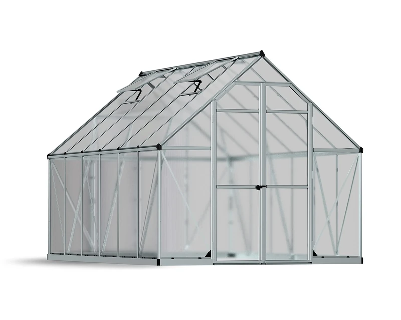 Palram Canopia 8x12 Essence Silver Greenhouse with Polycarbonate Panels and Twinwall on Roof - Clear
