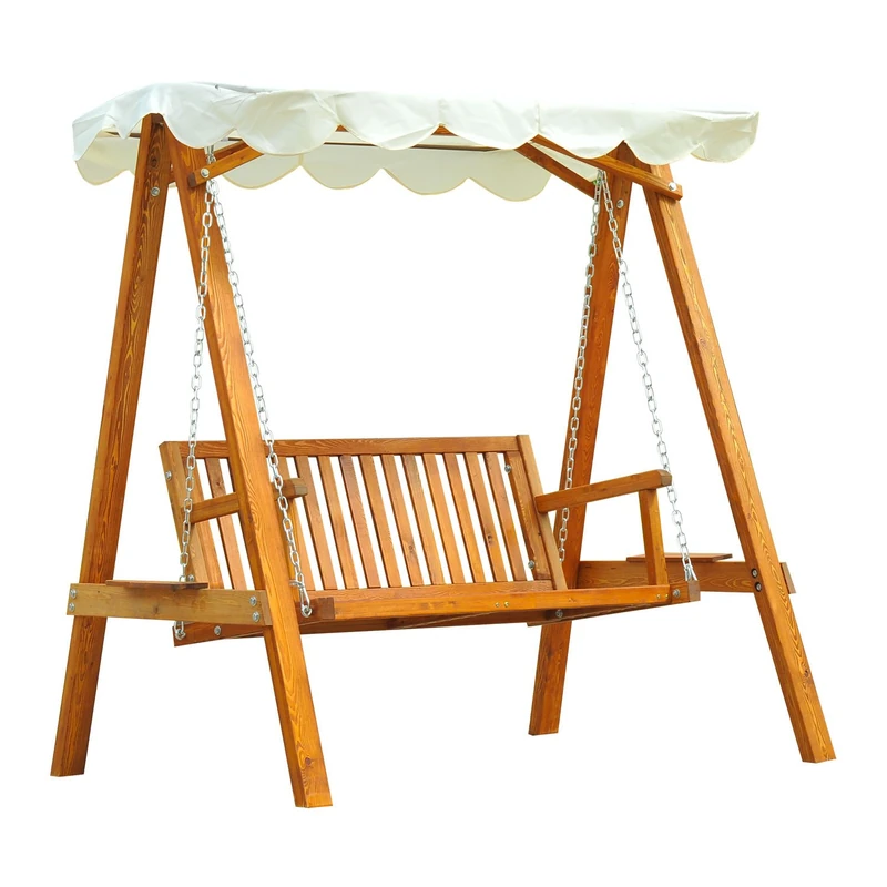 Outsunny 2 Seater Garden Swing Seat with Canopy, Wooden Swing Chair, Outdoor Hammock Bench for Balcony Patio Porch, Cream White