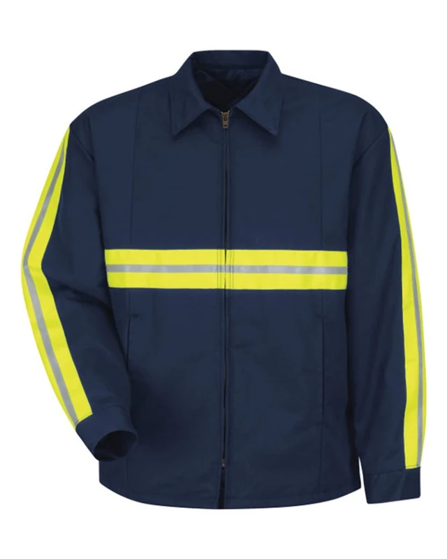 Red Kap Men's Enhanced Visibility Perma Lined Panel Jacket, Navy with Yellow/Green Visibility Trim, XL