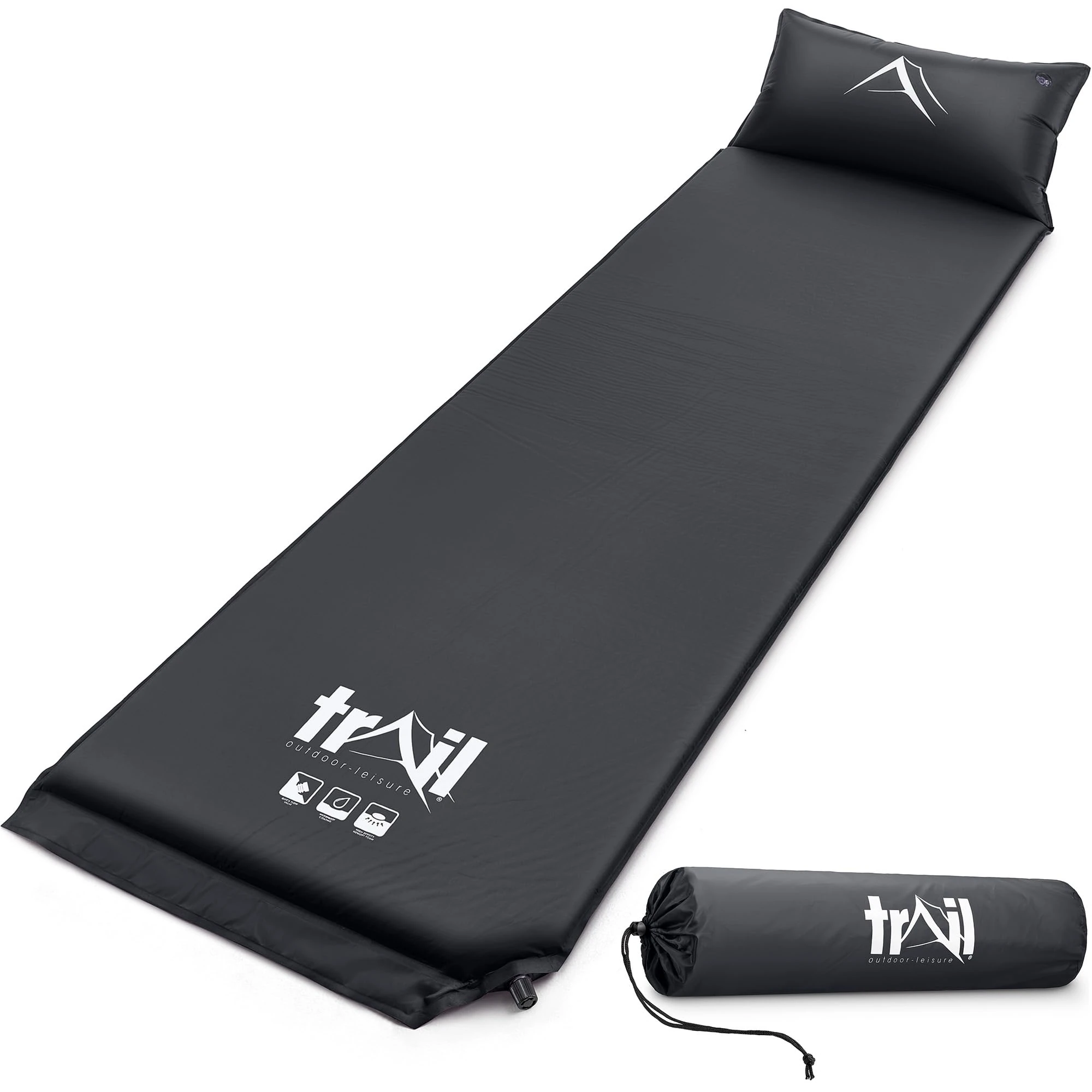 Trail Self Inflating Camping Mat With Pillow 2.5cm Thick Single Sleeping Pad With Bag (Black)