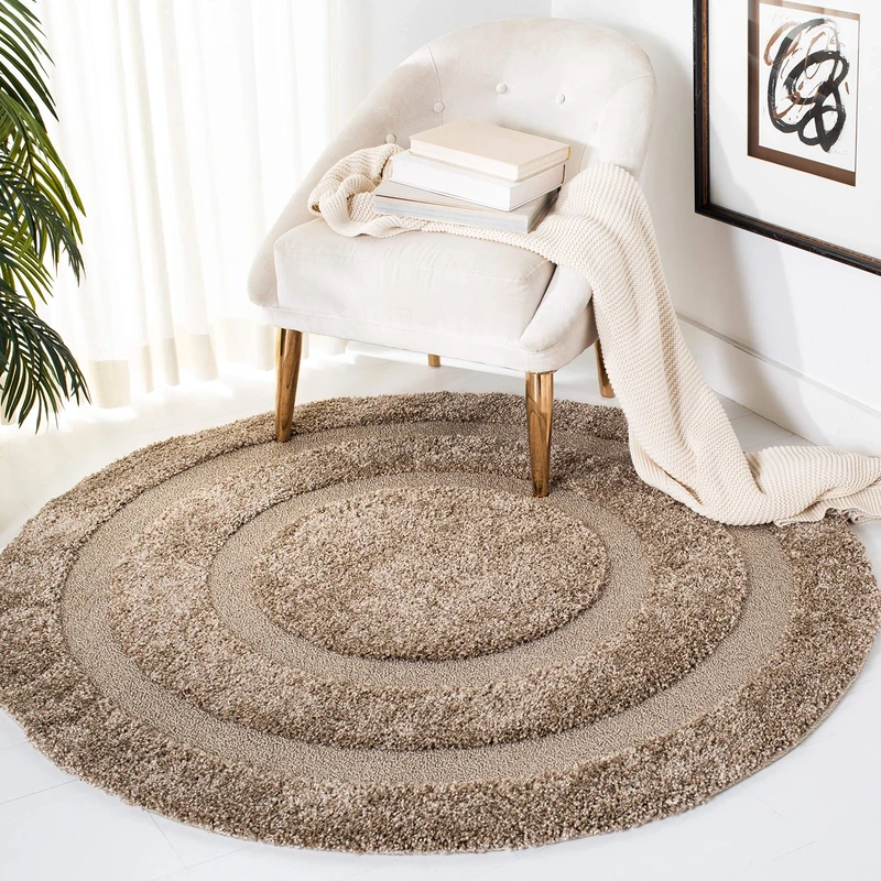 Safavieh Shag Rug for Living Room, Dining Room, Bedroom - Florida Shag Collection, High Pile, in Beige and Beige, 122 X 122 cm