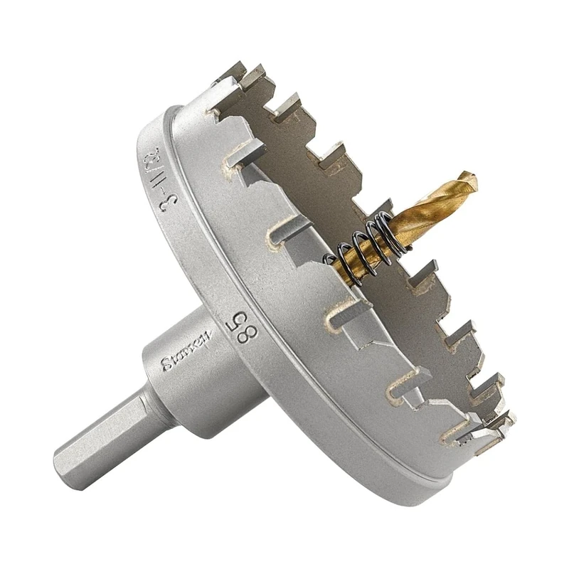 Starrett Tungsten Carbide Tipped Hole Saw - SM85 Sheet Metal Cutter With Arbor & Pilot Drill Bit - For Drilling Stainless Steel Aluminum Alloy - 85 mm