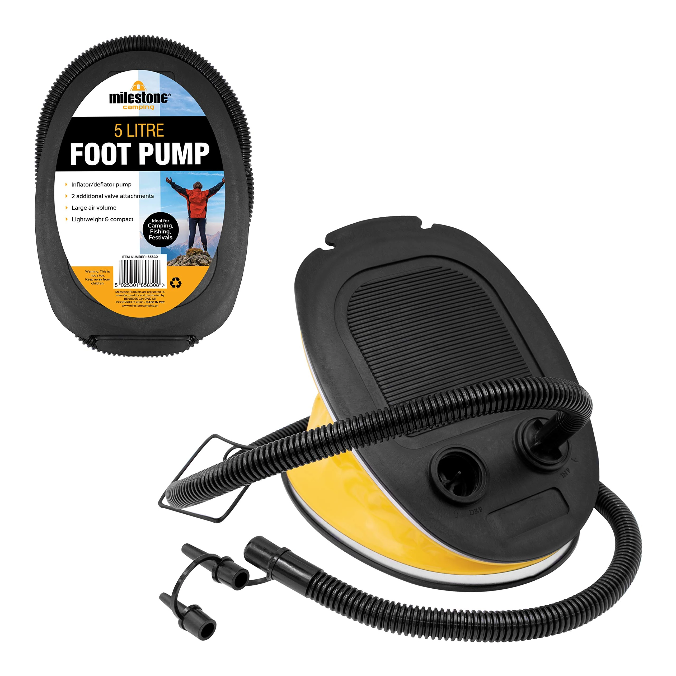 Milestone Camping 5-Litre Foot Operated Air Pump/Suitable For All Inflatables/Includes 2 Nozzles/Lightweight & Portable / 26.5cm x 18.5cm