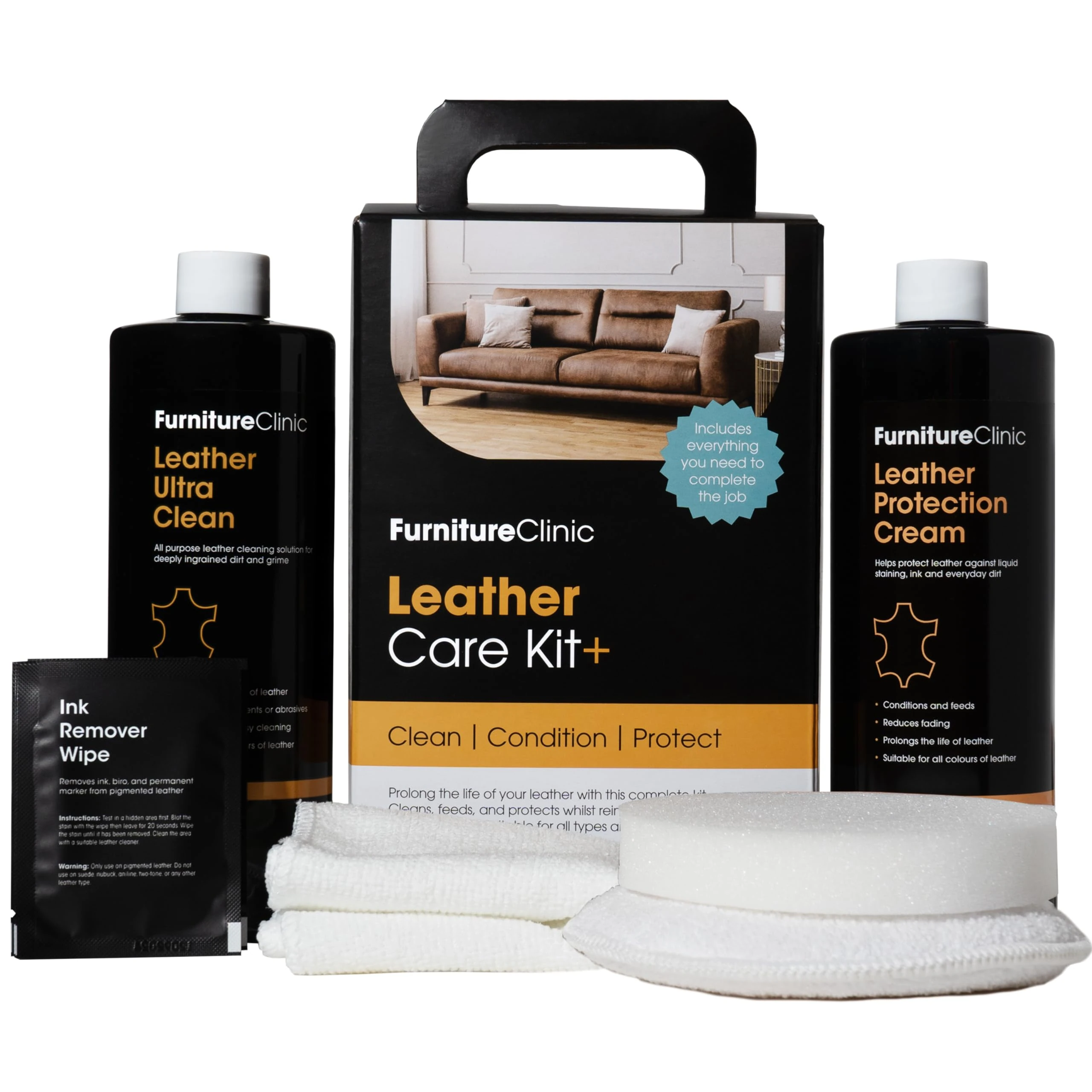 Furniture Clinic Complete Leather Care Kit+ With Large Leather Cleaner & Leather Protection Cream for Sofas, Car Seats - Leather Care Set Includes 500ml Ultra Clean & 500ml Leather Conditioner