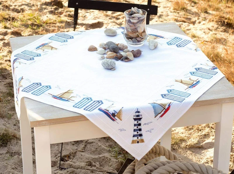 Vervaco Counted Cross Stitch Kit: Tablecloth: Beach, 100% Cotton, Multi-Colour, 80 x 2 x 20 cm