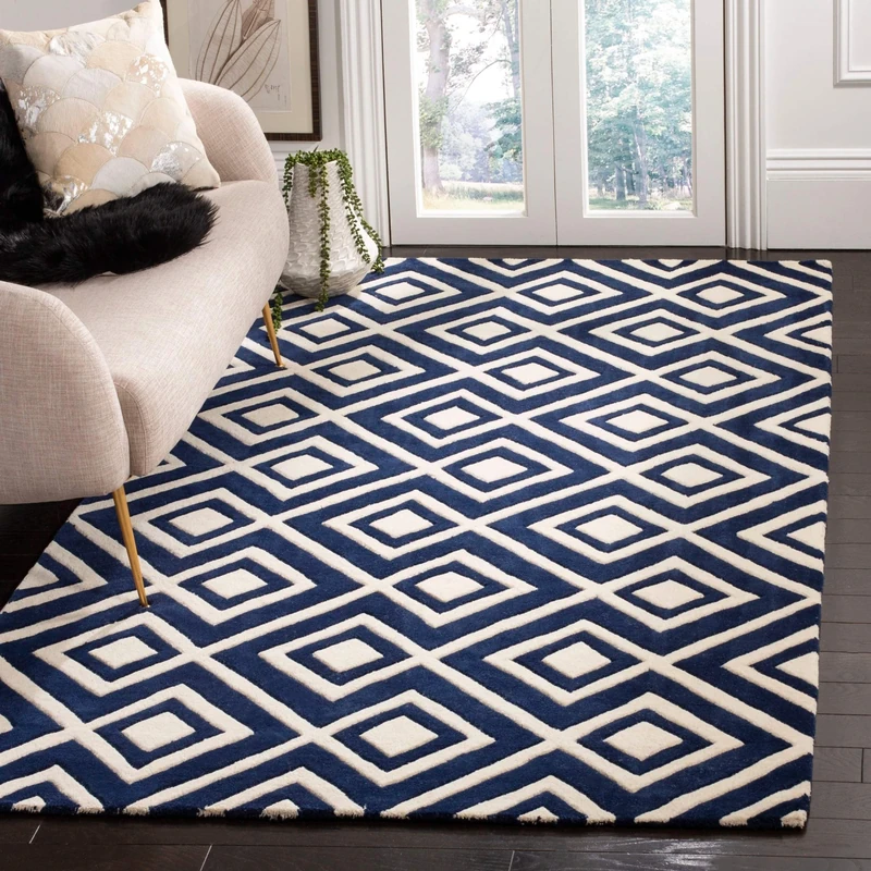Safavieh Contemporary Indoor Hand Tufted Rectangle Area Rug, Chatham Collection, CHT742, in Dark Blue / Ivory, 122 X 183 cm for Living Room, Bedroom or Any Indoor Space