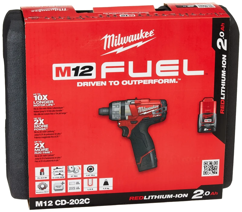 Milwaukee M12CD-202C M12 Fuel Compact Screwdriver with 2 x 2.0Ah Li-Ion Batteries/ Charger/ Soft bag , Red