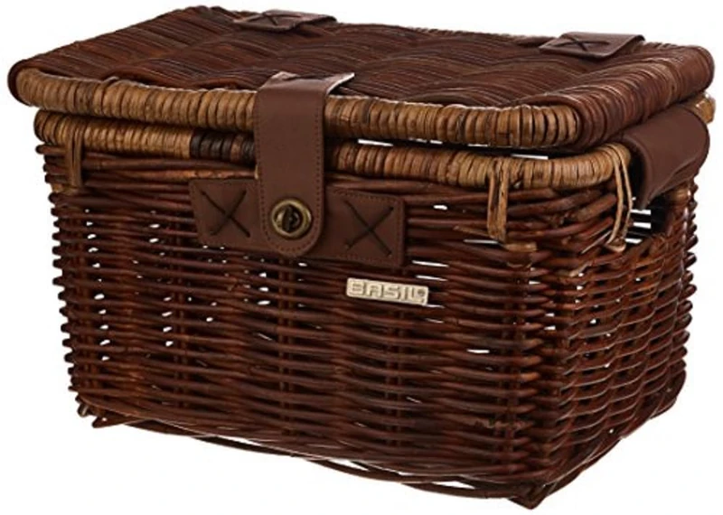 Basil Denton Bicycle Basket - S - Rattan - Transport Basket - 35 x 24 x 22 cm - Lid with Closure - Natural Brown - Image 1