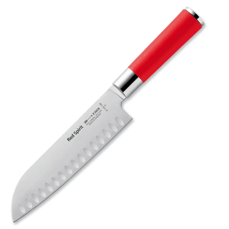 Dick 8174218K Thick Santoku Knife with Fluted Edge, Red Spirit, 18 cm