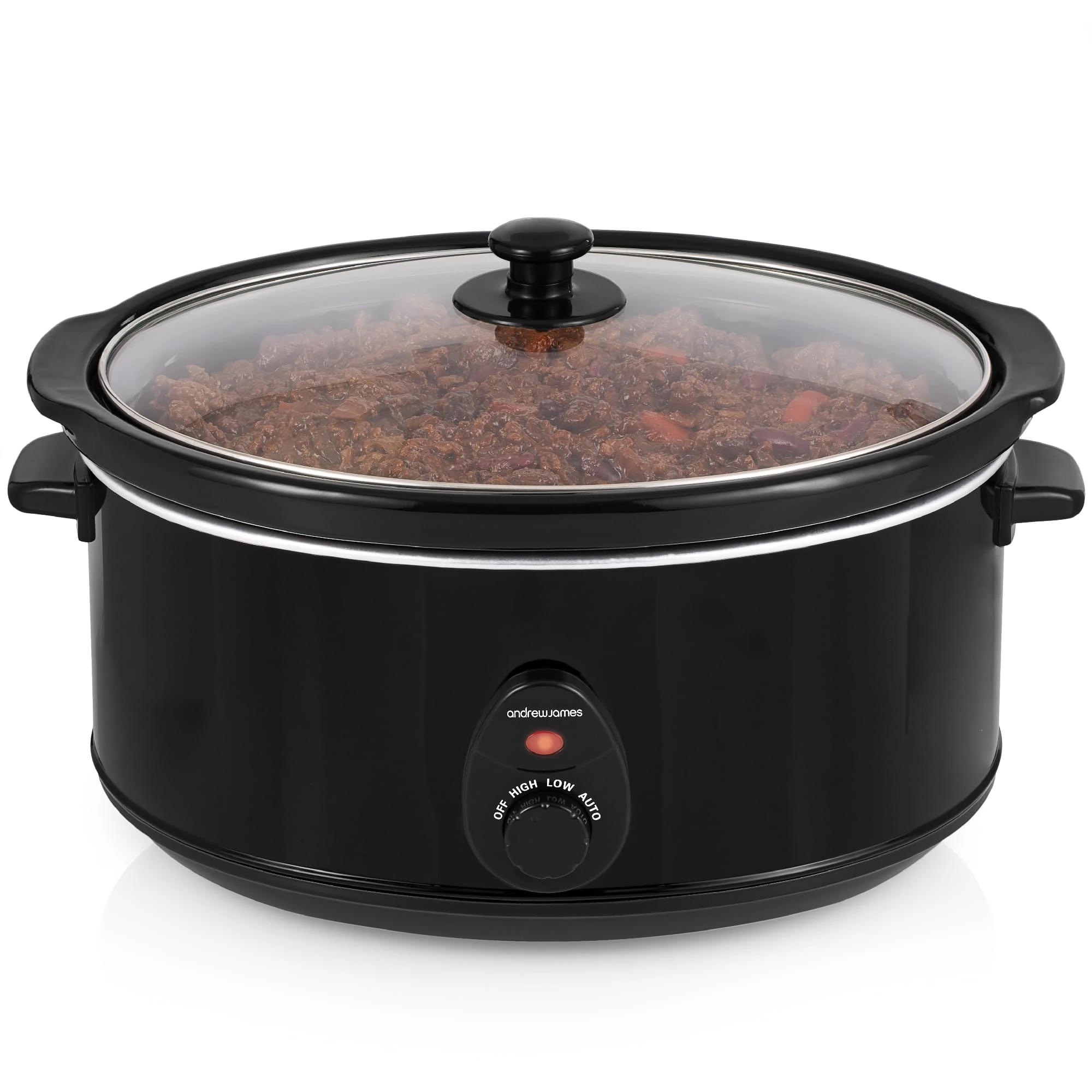 Andrew James 6.5L Slow Cooker with Removeable Easy Clean Ceramic Bowl, 3 Temperature Settings, Energy Efficient Large Slow Cooker with Tempered Glass Lid, Cool Touch Handles & Non-Slip Feet (Black)