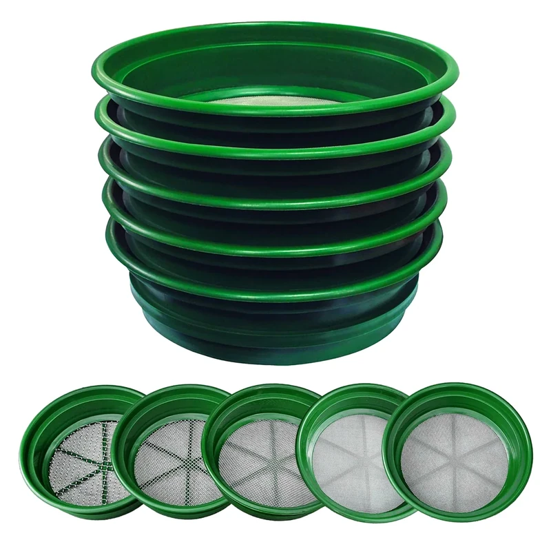 SE 13 1/4 Inch Stackable Classifier Gold Prospecting Pan Set - Includes 1/2" 1/4" 1/8" 1/12" and 1/20" Stainless Steel Mesh Sifting Pans, Green, 5 Pack - Image 1
